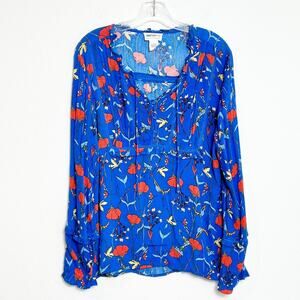 FOR THE REPUBLIC FLORAL PRINT BLUE LONG SLEEVE WOMEN BLOUSE SIZE LARGE